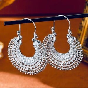 Boho Round Silver Hoop Earrings